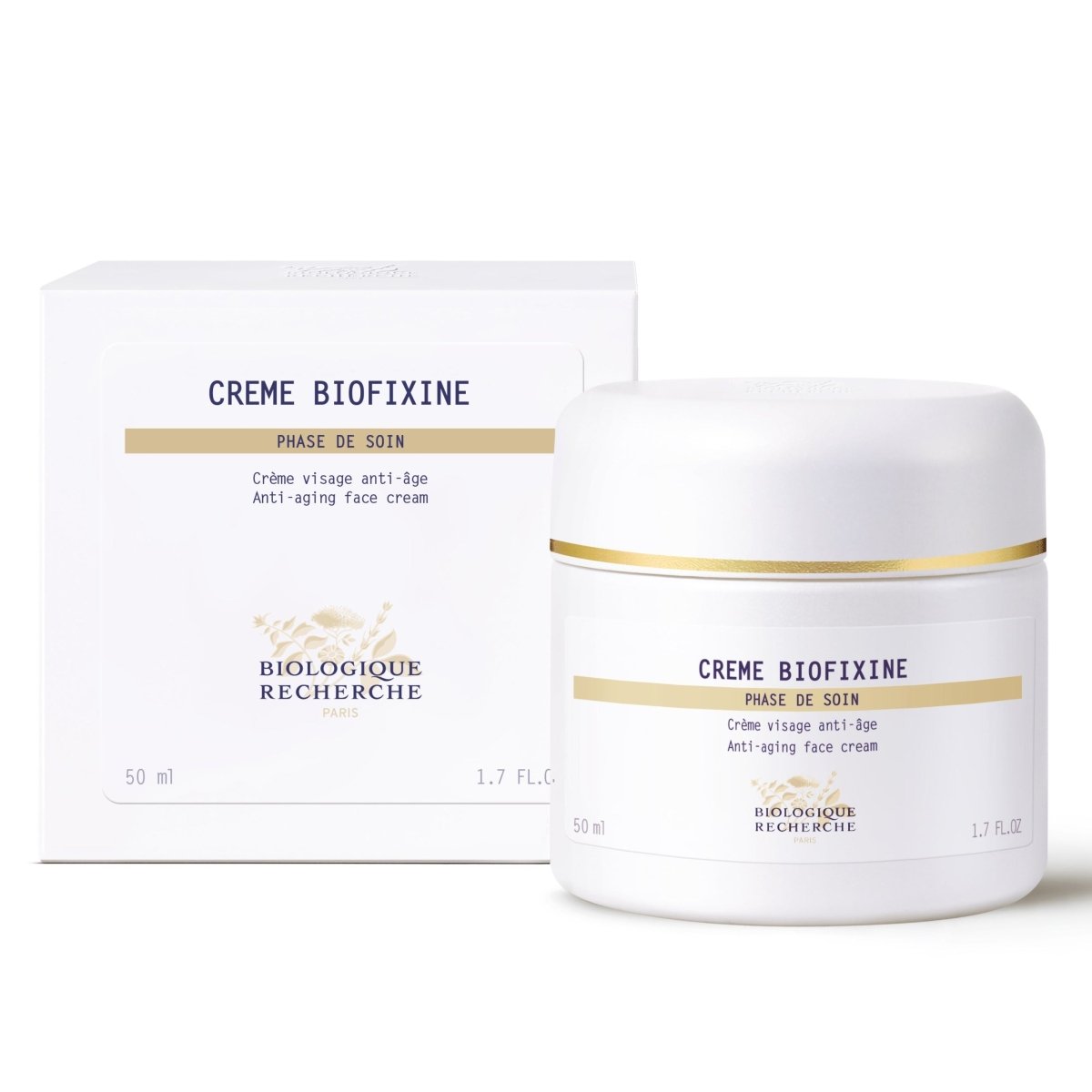 Biologique Recherche Crème Biofixéne cream jar and packaging on a white background