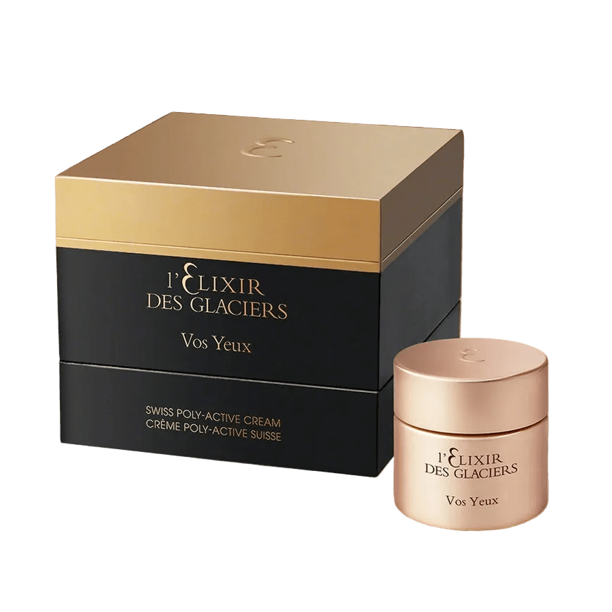 L'Élixir des Glaciers Vos Yeux Swiss Power Active Cream shown with its black and gold outer box and a smaller matching cream jar on a warm beige-to-brown gradient background.