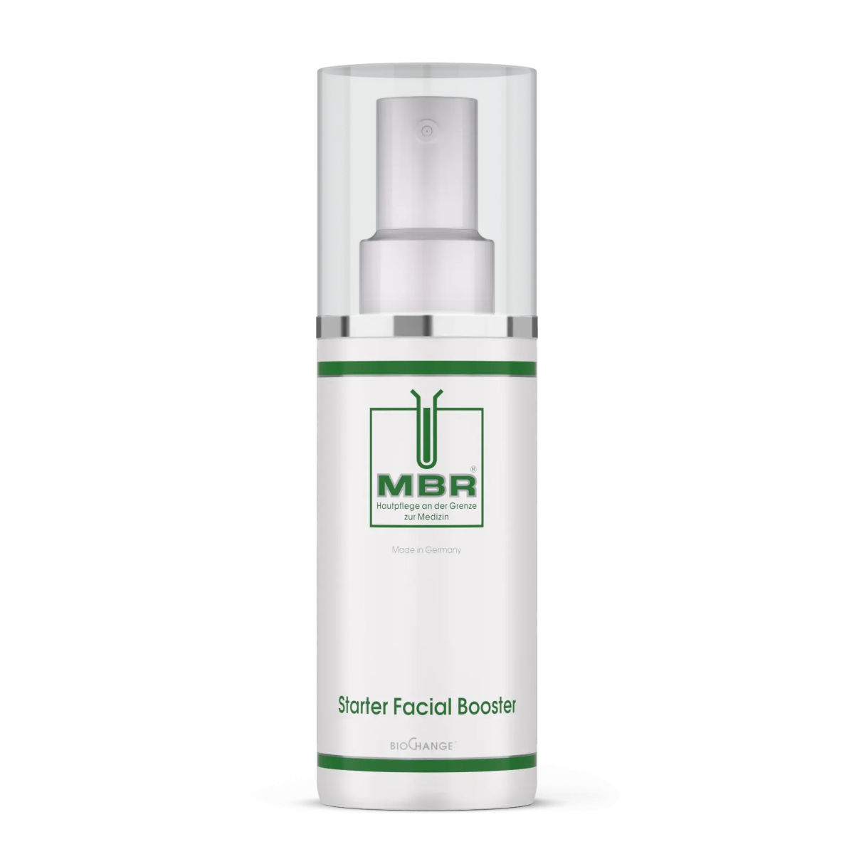 Skincare bottle labeled 'MBR Starter Facial Booster' on a white background