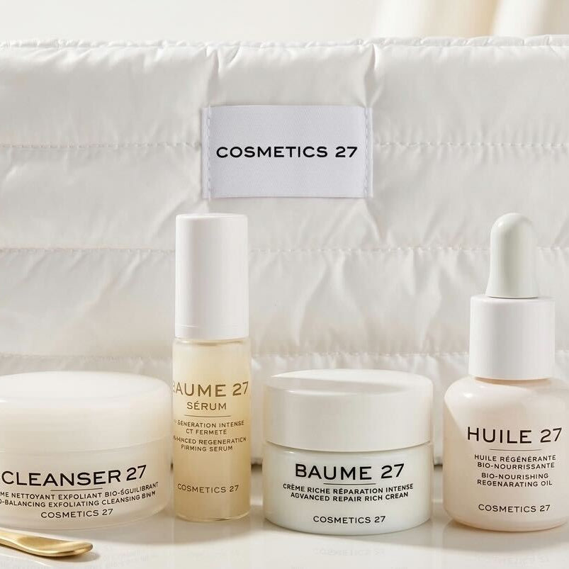 Cosmetic products with 'Cosmetics 27' branding on a white background