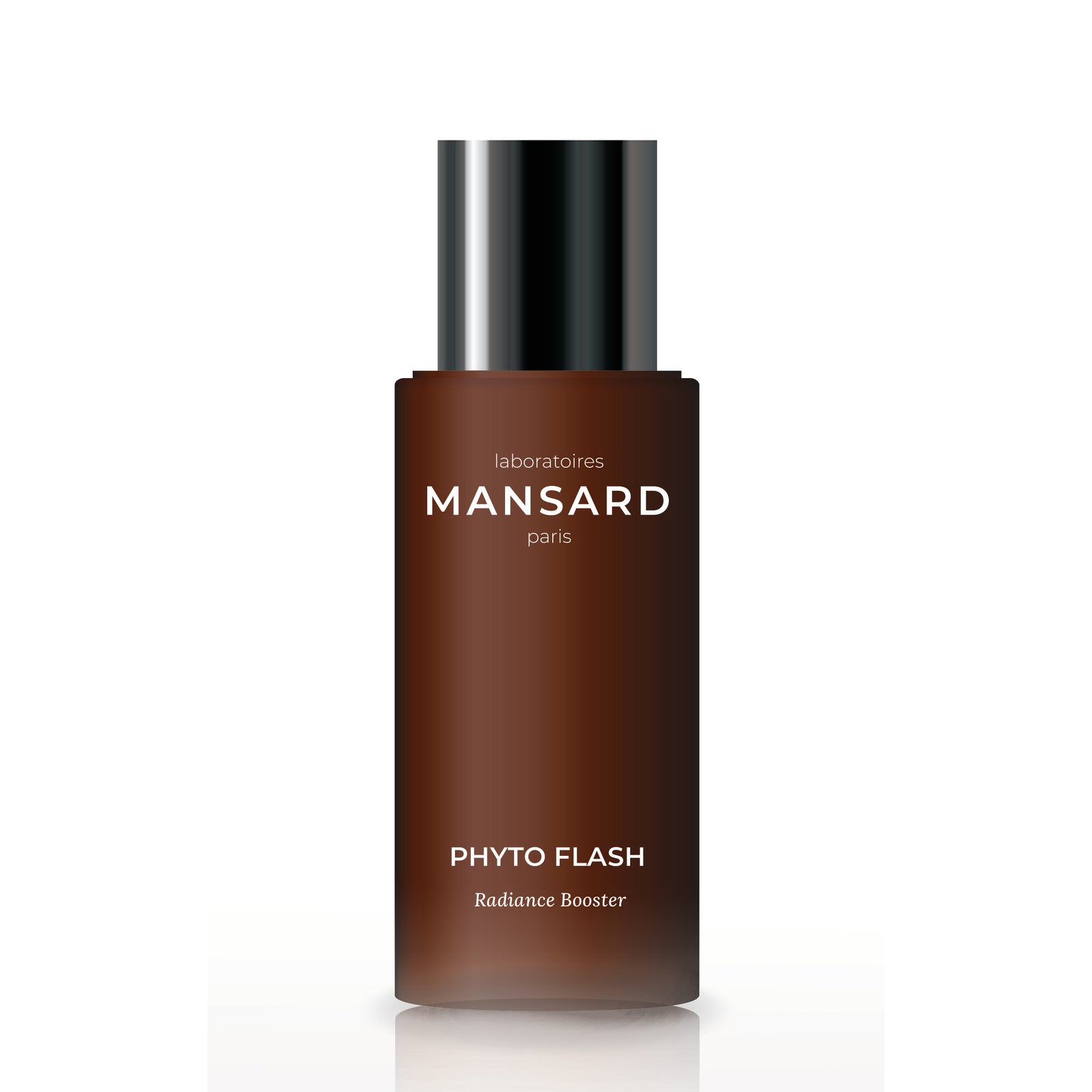 Mansard Phyto Flash Radiance Booster bottle, a dark brown cylindrical container with a black cap, on a clean white background.