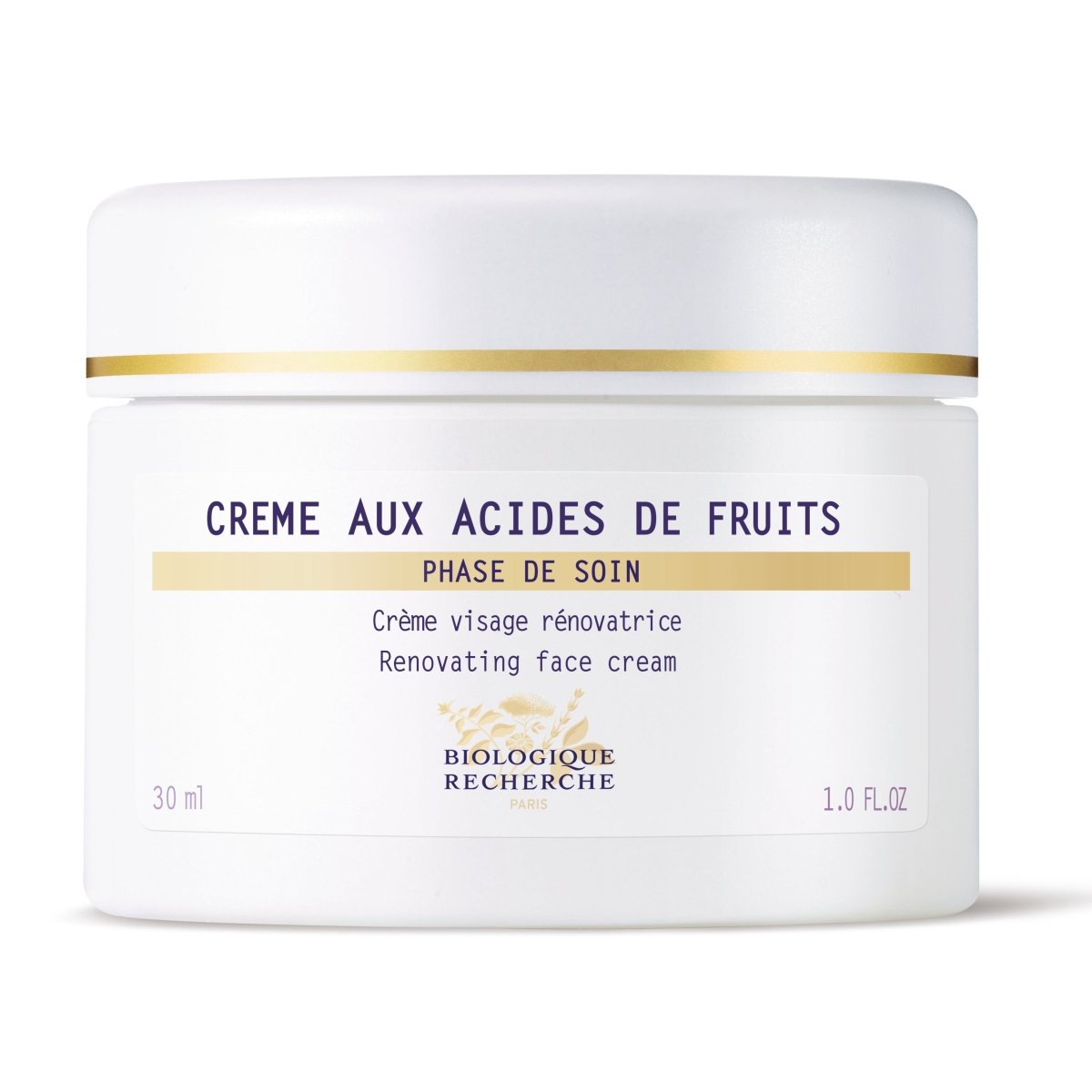 Cosmetic jar labeled 'Creme Aux Acides de Fruits' with gold band on a white background