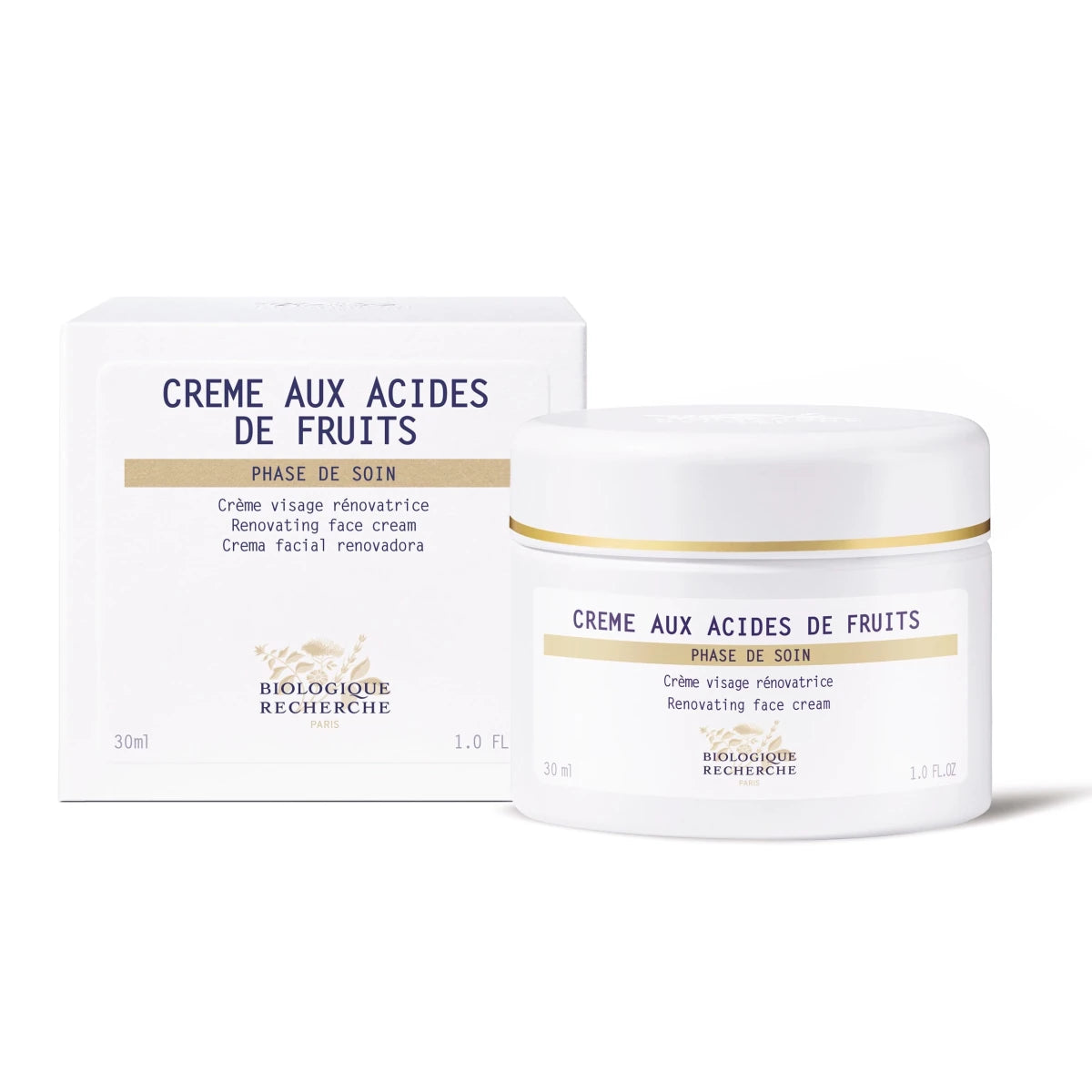 Cosmetic jar labeled 'Creme Aux Acides de Fruits' with gold band on a white background