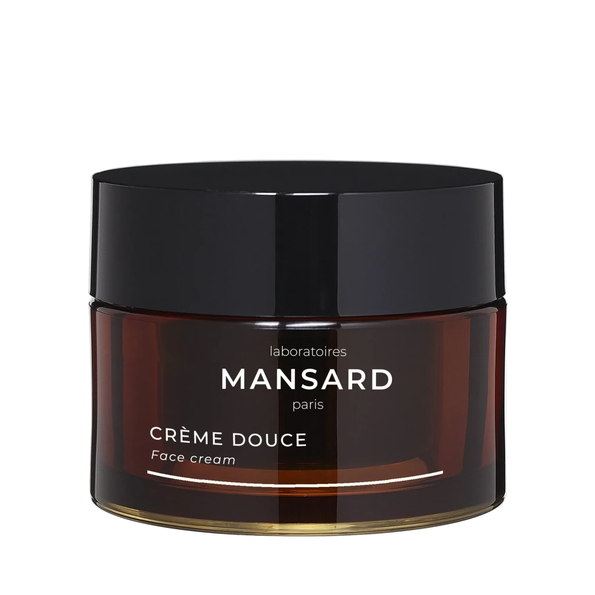 Mansard Crème Douce face cream in an amber brown jar with a glossy black lid, shown on a light gray background.