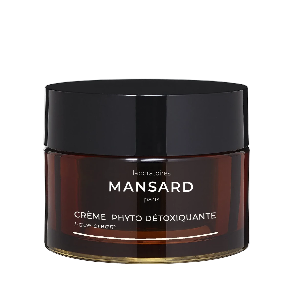 Mansard Crème Phyto Détoxiquante Face Cream in a dark amber brown jar with a glossy black lid, shown on a light gray background.