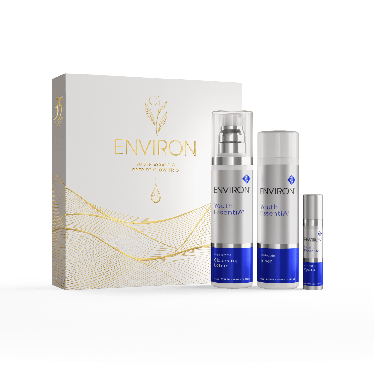 Environ skincare products including bottles and a box on a white background