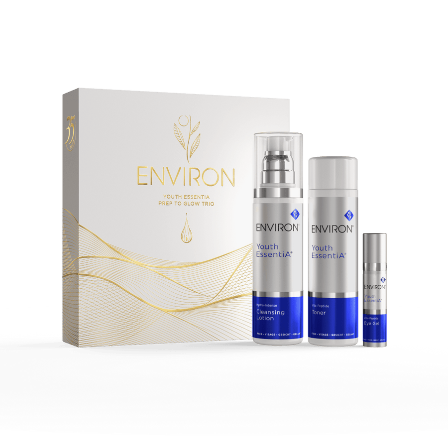 Environ skincare products including bottles and a box on a white background