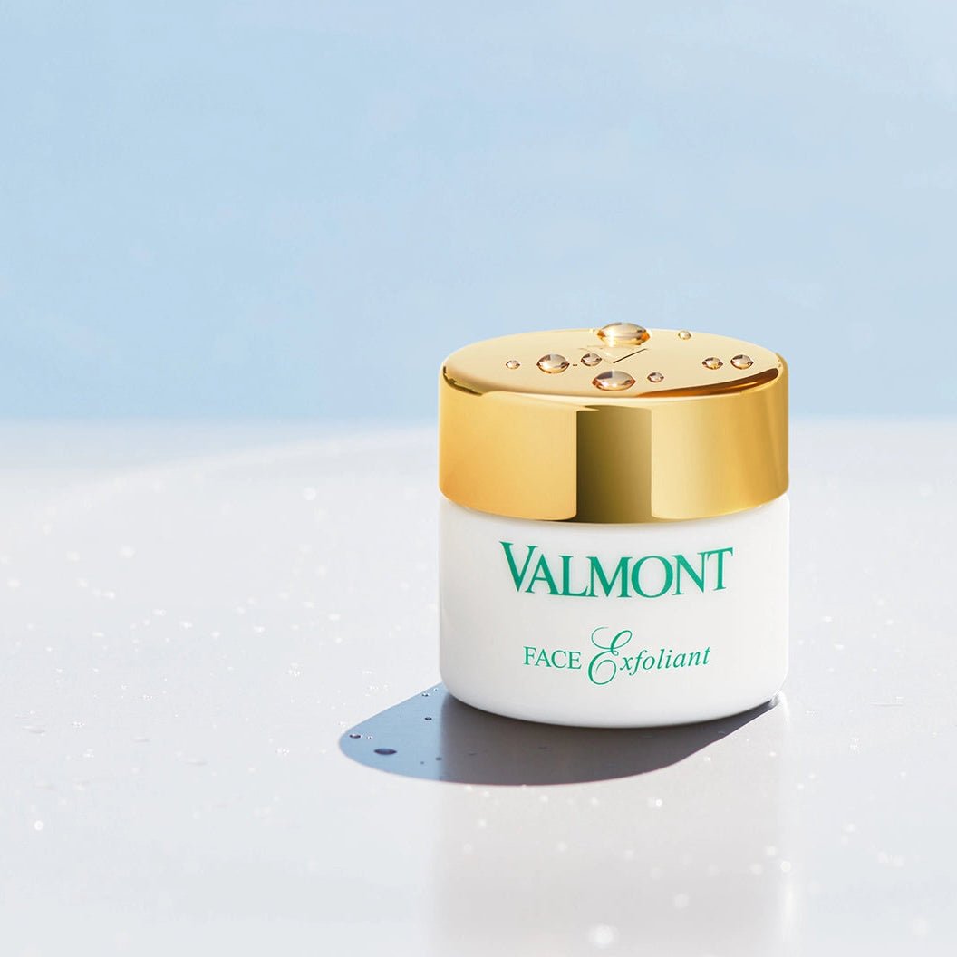 Valmont Face Exfoliant jar with gold lid on a white background