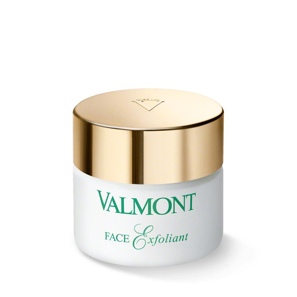 Valmont Face Exfoliant jar with gold lid on a white background