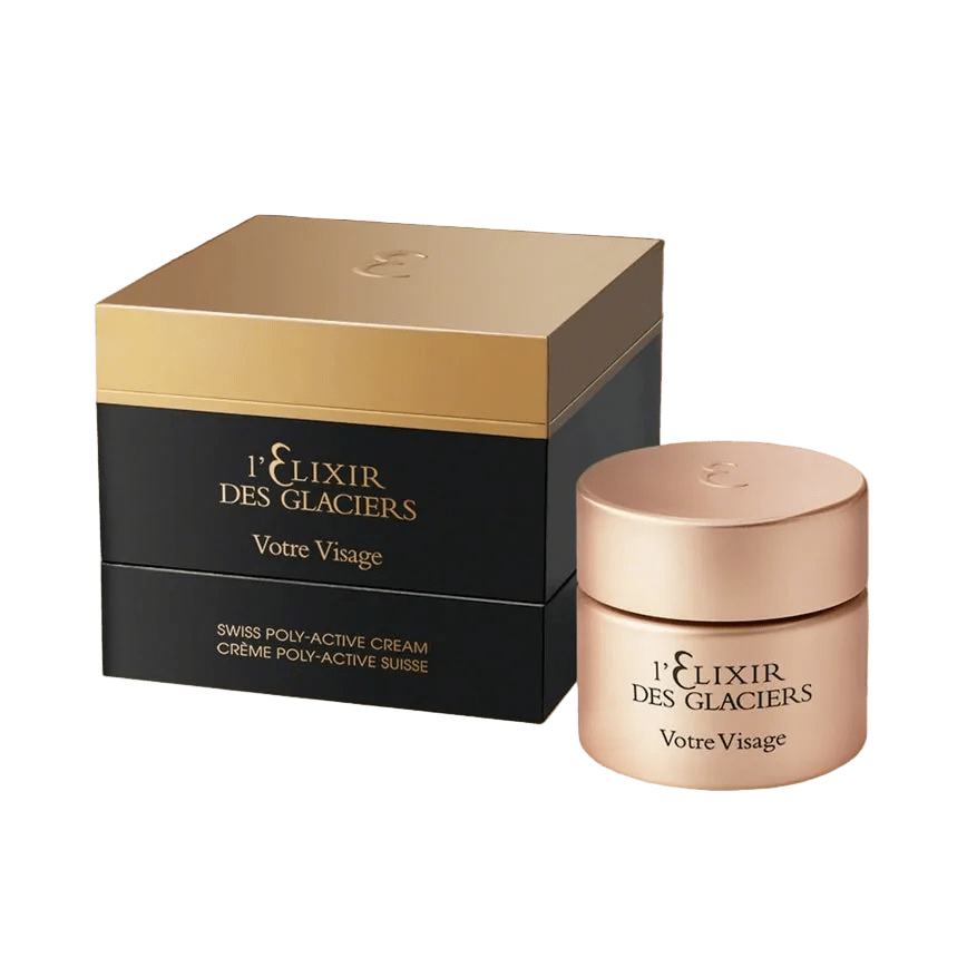 Félixir des Glacièrs skincare product packaging on a gradient background