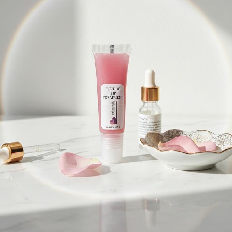 Peptide lip treatment and serum bottles on a white surface with pink petals.