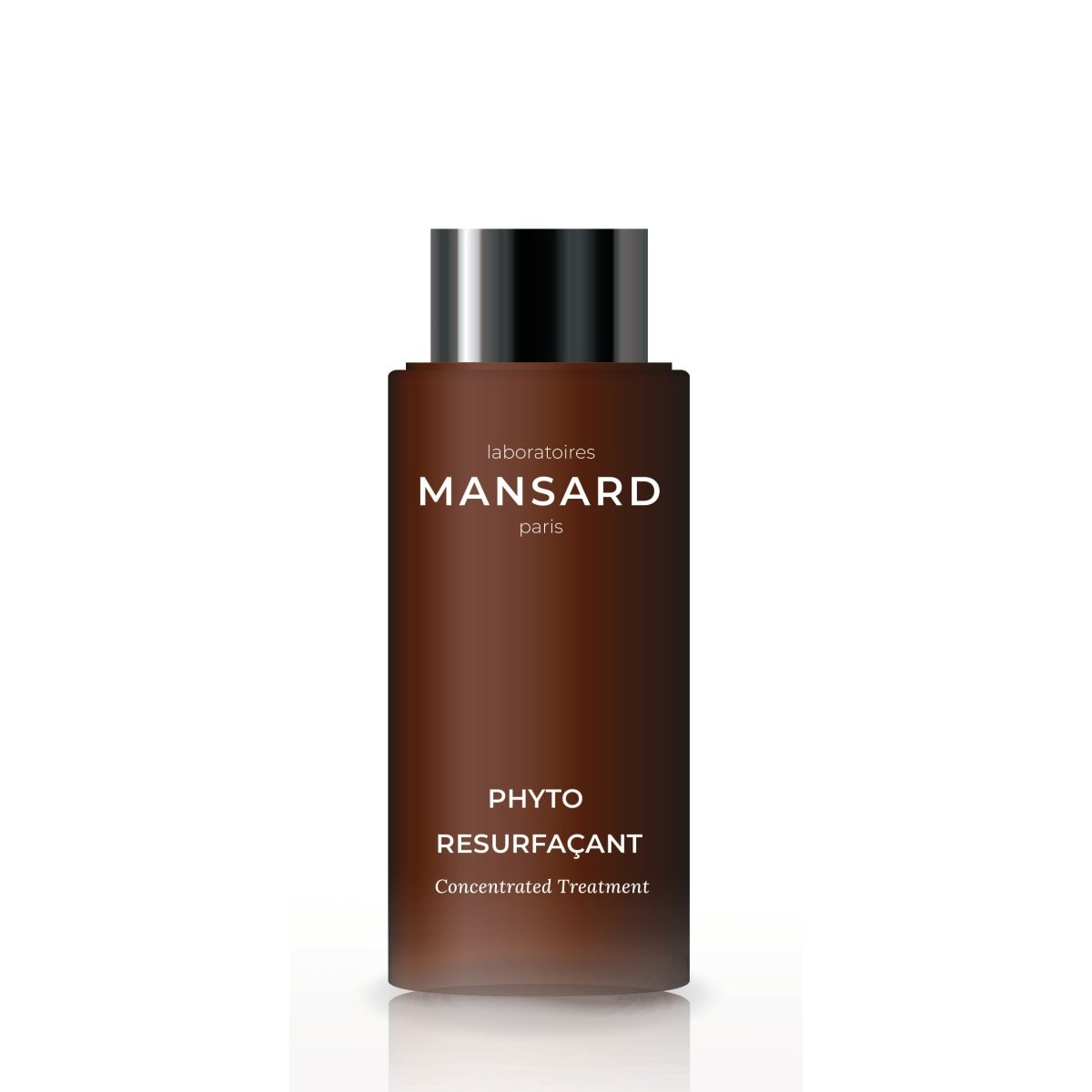 Mansard Phyto Resurfaçant Concentrated Treatment bottle, a dark brown cylindrical container with a black cap, on a clean white background with a subtle reflection.