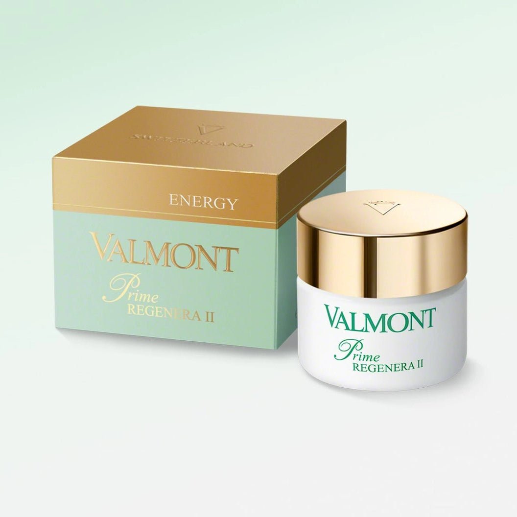 Valmont skincare product and packaging on a light green background