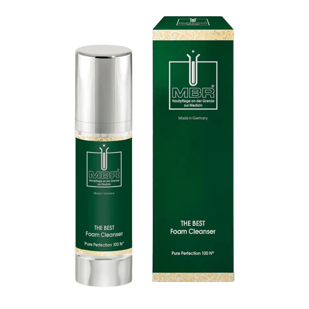 Green bottle and packaging of MBR Foam Cleanser on a white background