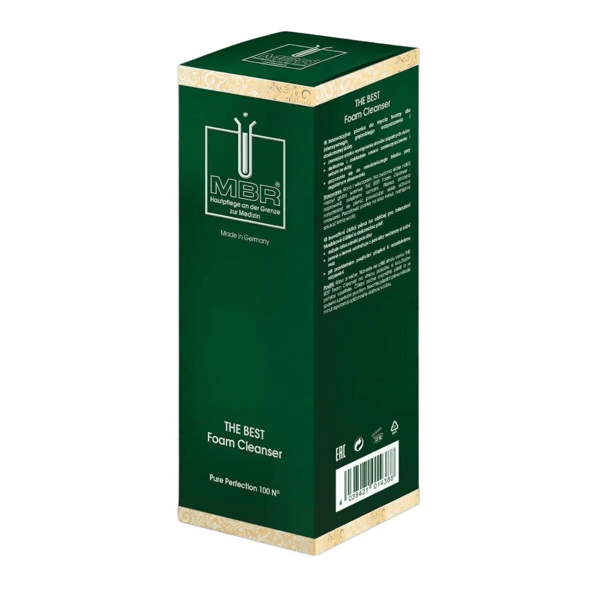 Green box of MBR foam cleanser on a white background
