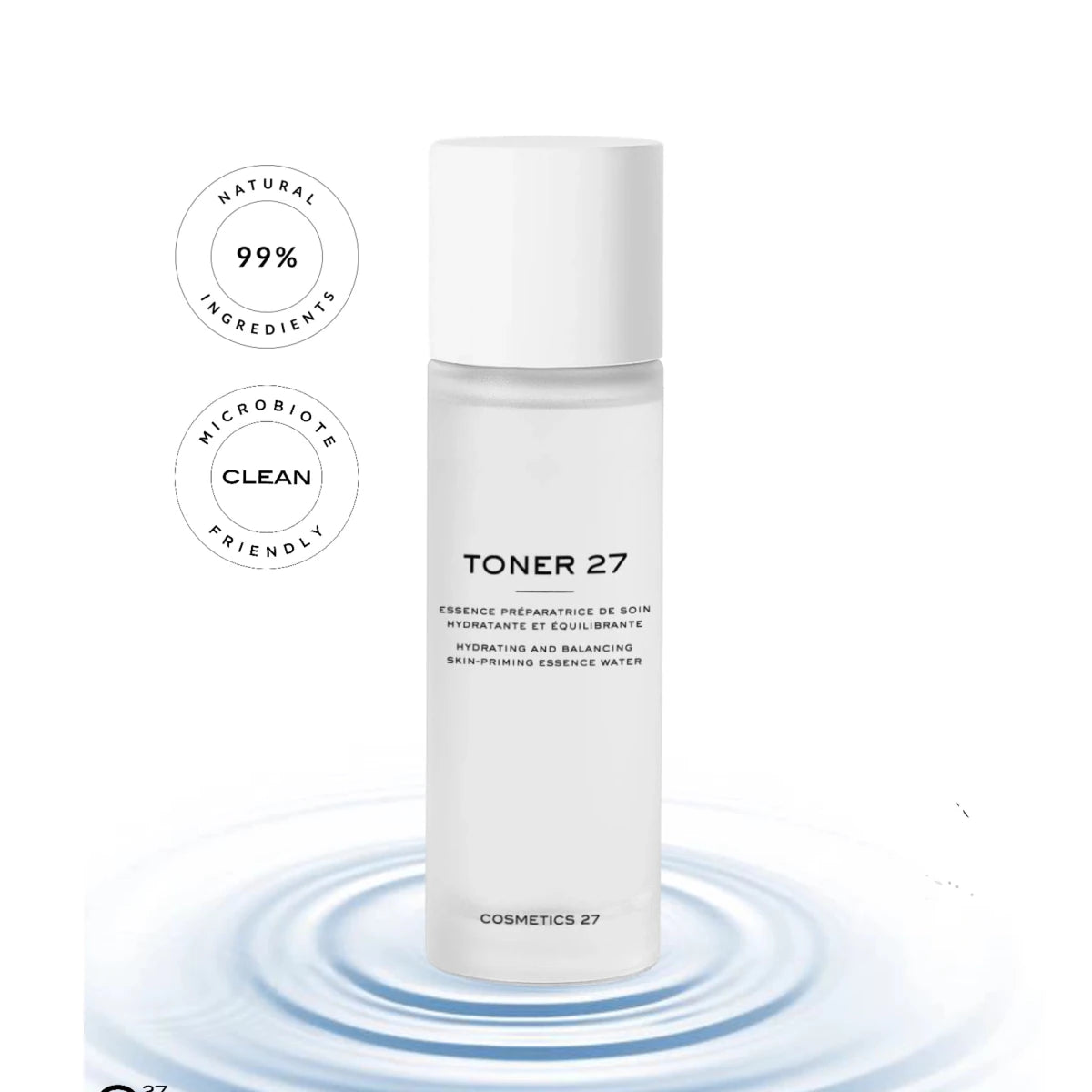 Cosmetics 27 toner bottle with water droplet effect on a white background