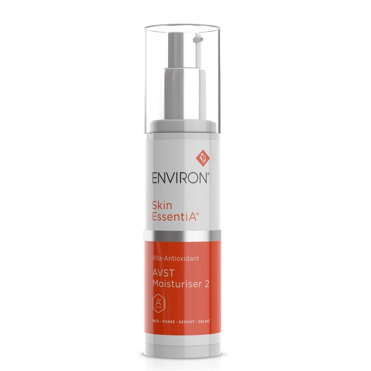 A single skincare pump bottle labeled ENVIRON Skin Essentials WET Moisturiser 2, shown on a clean white background. The bottle has a white upper section with black text and a coral-red lower section.